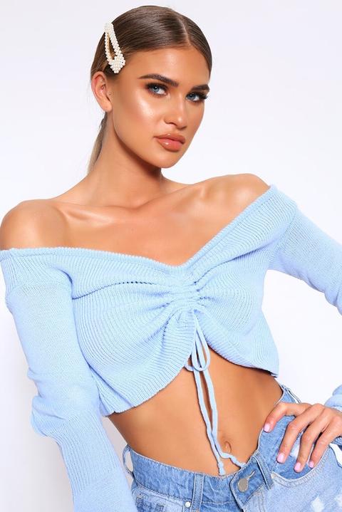 Baby Blue Ruched Cropped Knitted Jumper