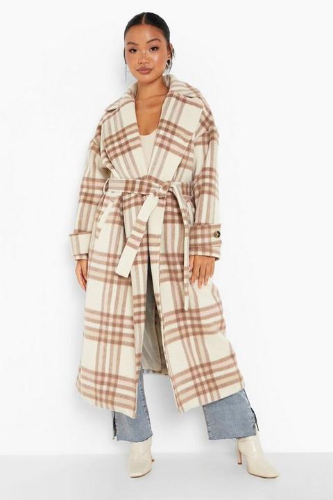 Womens Petite Check Belted Wool Look Coat - Beige - 8, Beige