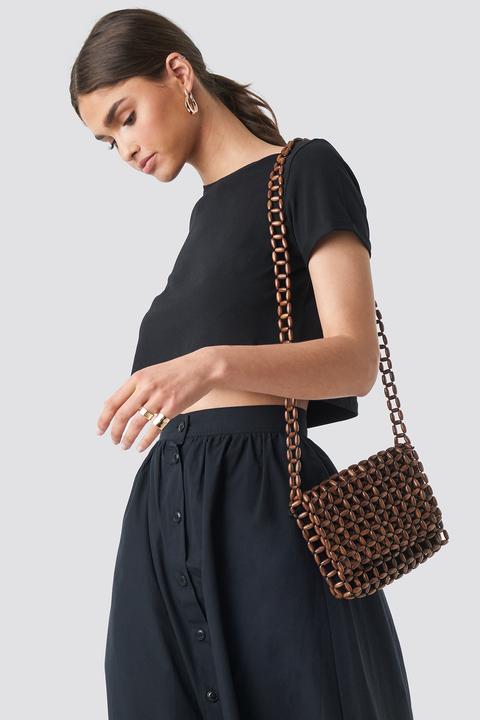 Wooden Pearl Flap Bag Braun