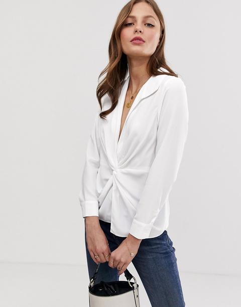 Asos Design - Camicia A Maniche Lunghe Con Scollo Profondo E Nodo Sul Davanti - Bianco