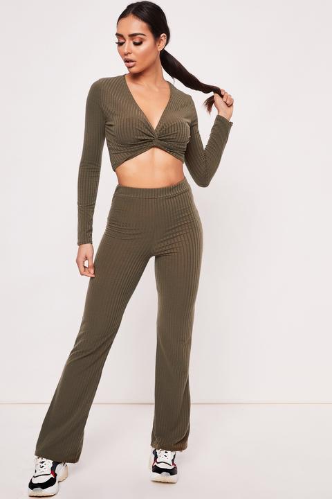 Mona Khaki Twist Front Ribbed Loungewear Set