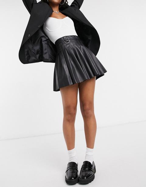Bershka Faux Leather Pleated Mini Tennis Skirt In Black