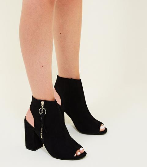 Black Suedette Ring Zip Peep Toe Block Heels New Look