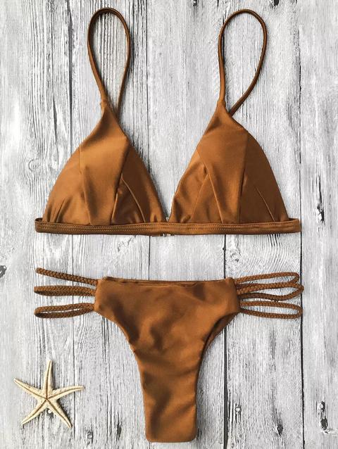 Bikini Imbottiti In Top E Bottoni A Strisce Intrecciati Brown