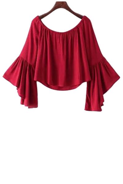 Solid Color Boat Neck Flare Sleeve Blouse