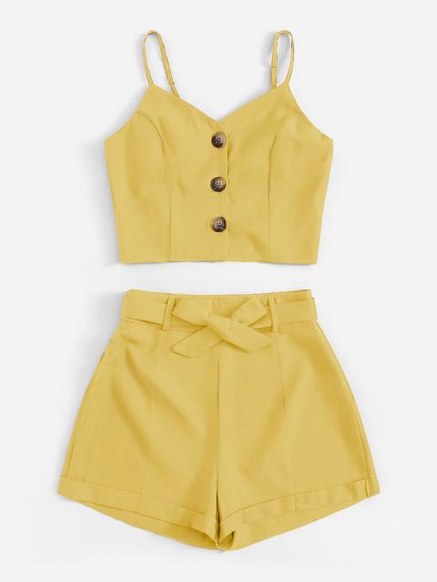 Top Con Bretelle Sottile Con Bottone E Shorts Con Cinture Taglie Forti