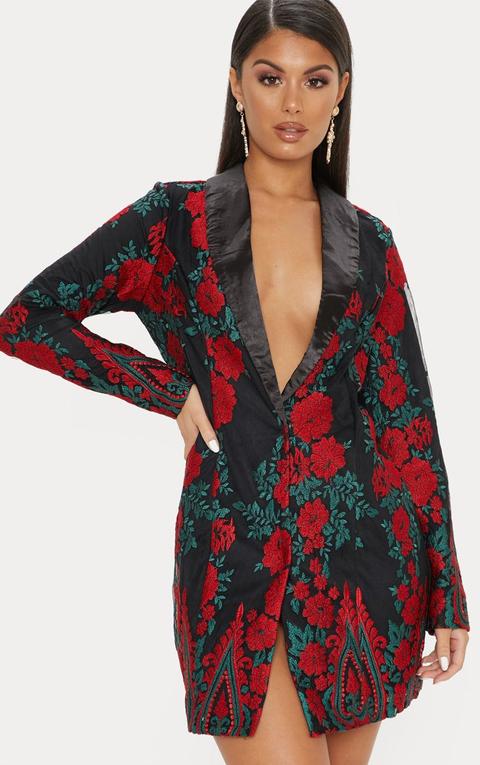 Red Floral Embroidered Blazer Dress