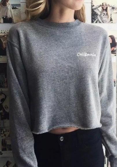 Grey Letter Print Crop Round Neck Casual Pullover Sweatshirt