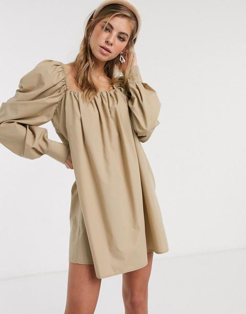 Asos Design Trapeze Mini Dress In Cotton Poplin In Stone-neutral