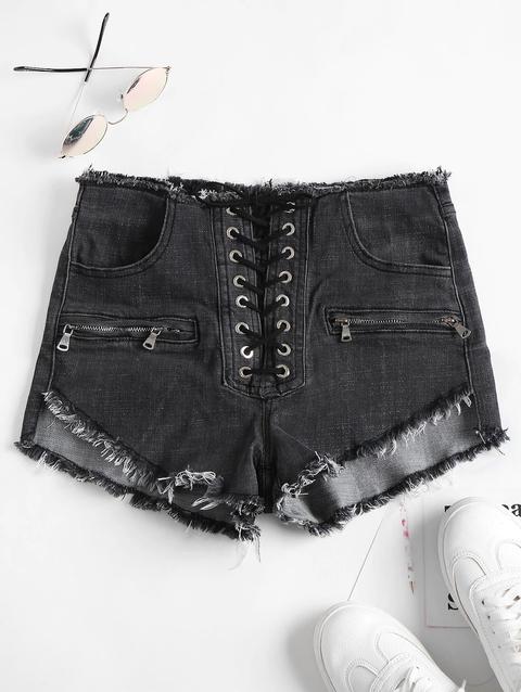 Pantaloncini Di Jeans Sfilacciati Con Laccetti