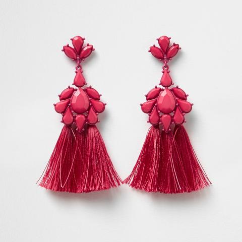 Pink Jewel Embellished Tassel Drop Earrings