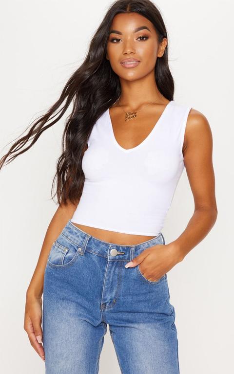 Basic White Longline V Neck Crop Top, White