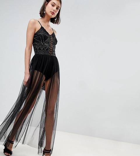 Lace & Beads - Body Decorato Con Gonna Trasparente - Nero