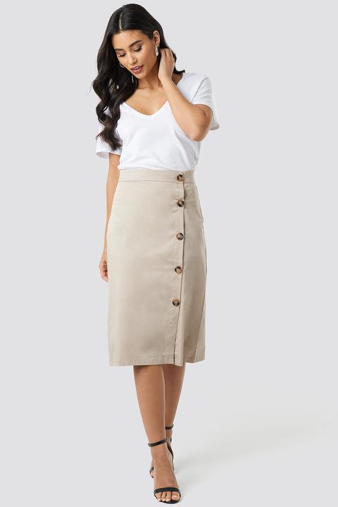 Button Detailed Midi Skirt Beige