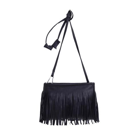 Faux Leather Tassel Crossbody Bag - Black