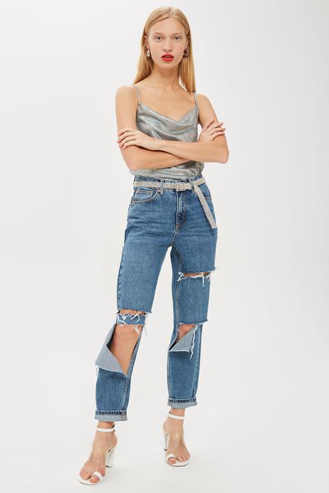 Womens Mid Blue Ripped Mom Jeans - Mid Stone, Mid Stone