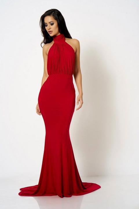 Red backless halter store dress