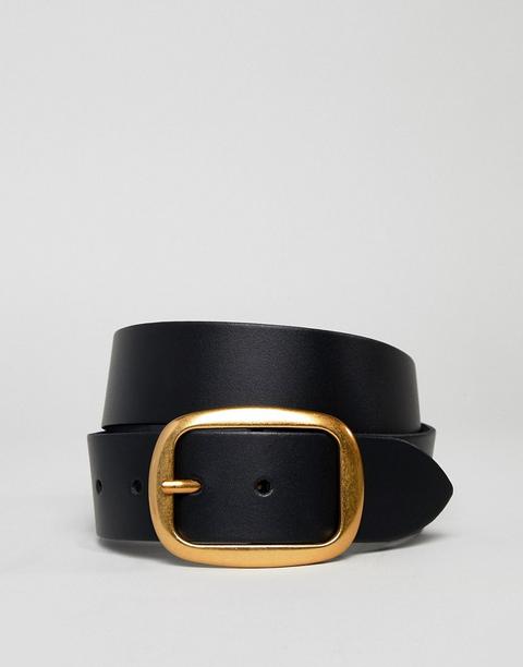 Asos Design Leather Jeans Belt In Old Gold - Black