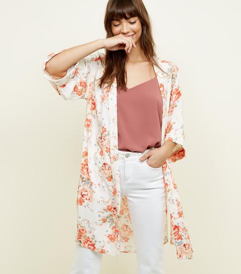 White Floral Jacquard Longline Kimono New Look