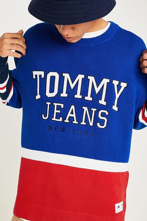 Tommy Jeans Colour Block Blue Knit Jumper - Mens M