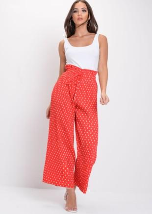 Polka Dot Pleated Wide Leg Culotte Trousers Red