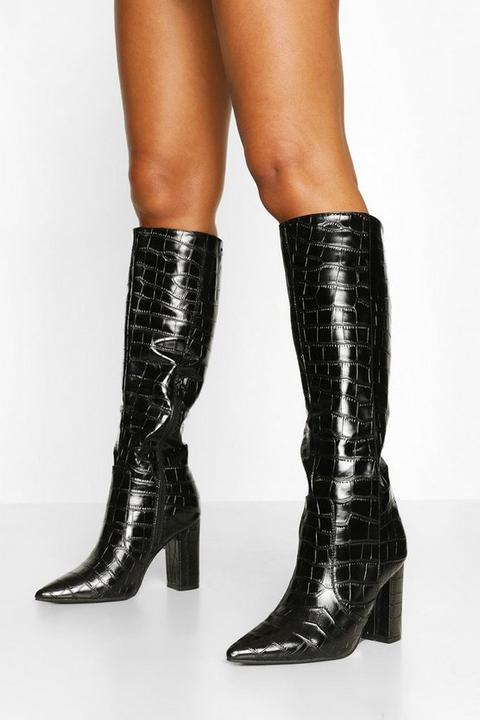 Womens Croc Block Heel Knee High Boots - Black - 3, Black