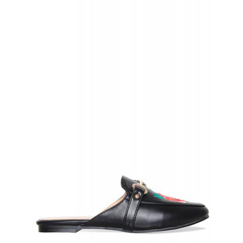 Kady Black Floral Buckle Backless Loafers