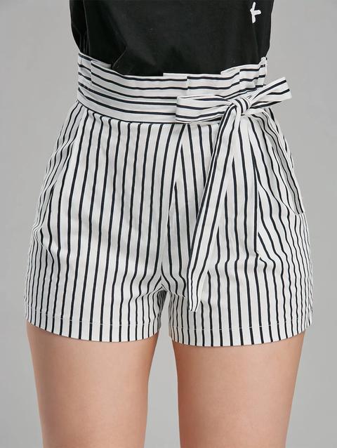 Belted High Waisted Striped Mini Shorts