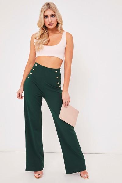 Amena Green High Waisted Button Embellished Trousers