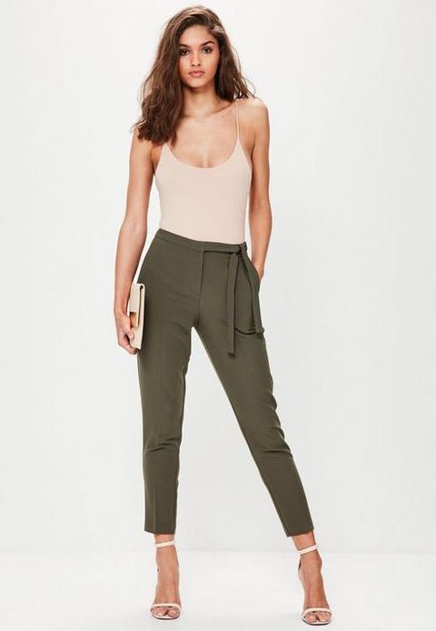 Tie Belt Crepe High Waist Trousers Khaki, Kahki