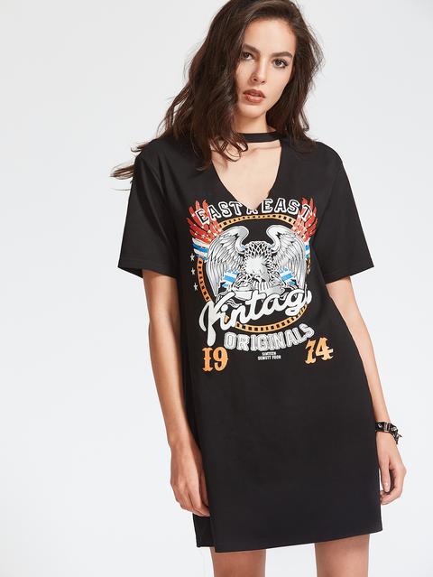 Black Graphic Print Cutout V Neck Tee Dress