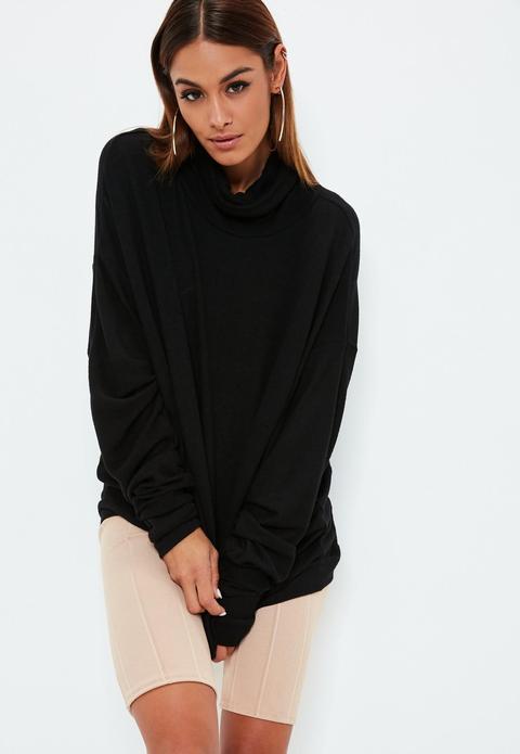 Black Brushed Roll Neck Oversized Longline Top, Black