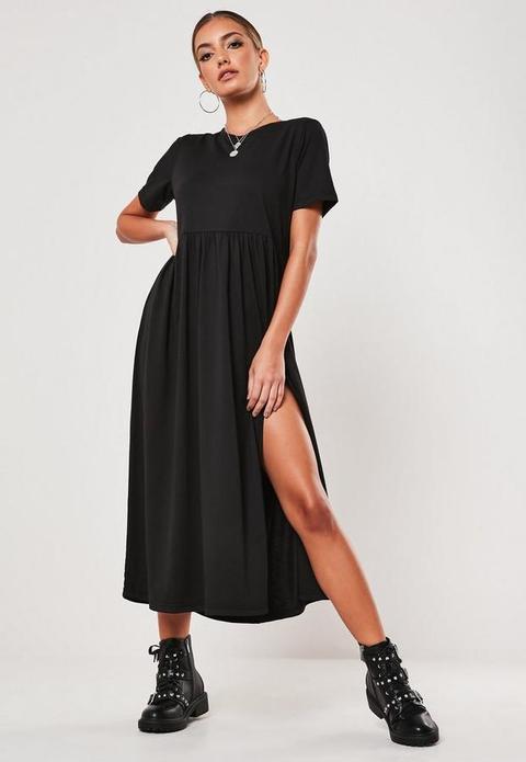 Black Midi Jersey Smock Dress, Black