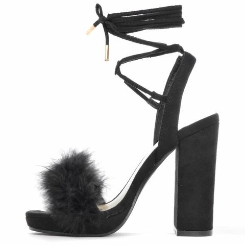 Hailey - Black Fluffy Lace Up Sandals