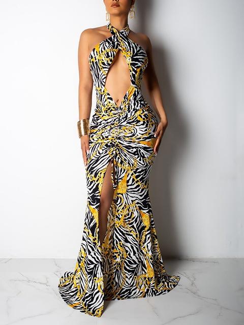 Maxi Dress Fessura Scollo All'americana Tagliata Con Scollo A Sirena Plus Size Fashion Giallo