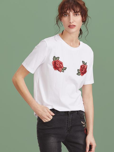 White Embroidered Rose Applique Short Sleeve T-shirt