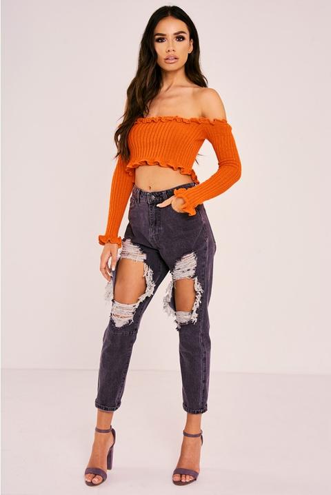 Sarah Ashcroft Orange Ribbed Ruffle Long Sleeved Bardot Crop Top