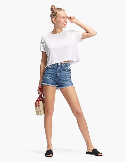 Shorts High Waist Con Striscia Laterale Jeans Chiaro