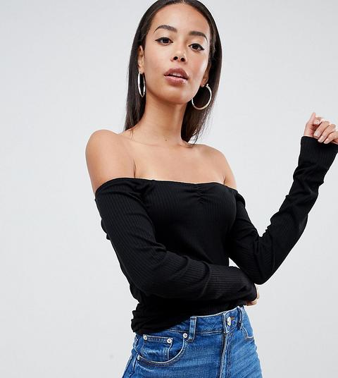 Asos Design Tall - Top Nero A Coste Con Scollo Alla Bardot Con Spalle Scoperte - Nero