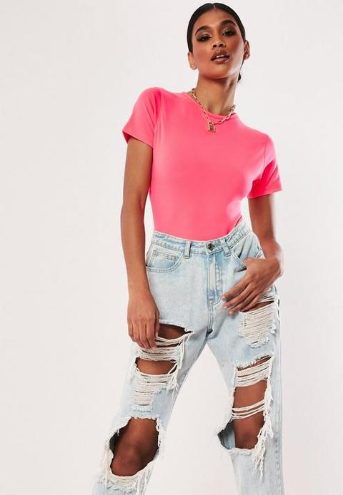 Neon Pink Crew Neck Bodysuit, Neon Pink