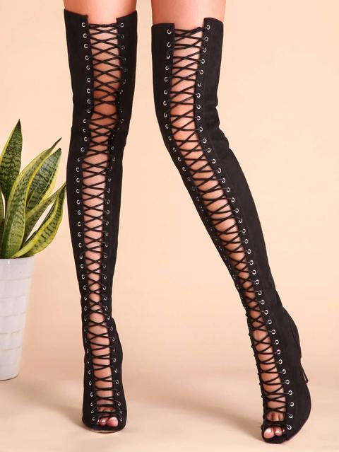 Botas Altas De Ante Con Cordón Cruzado Y Puntera Abierta - Negro de Romwe  en 21 Buttons