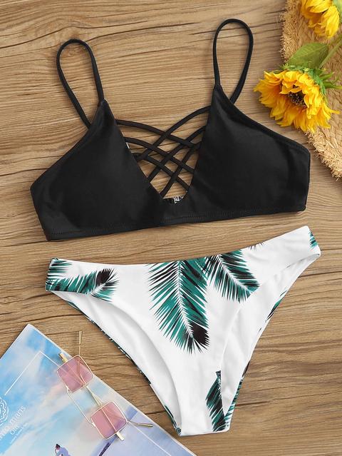 Set Bikini Top A Lattuga E Stampa Foglie Casuale