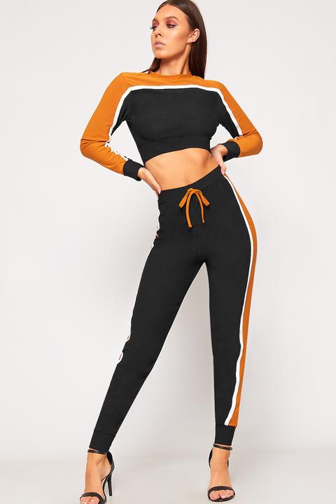 Aubrey Contrast Striped Cropped Tracksuit Set - Mustard