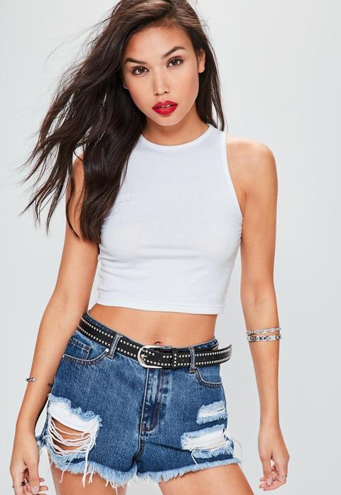 White Racer Back Tank Crop Top, White