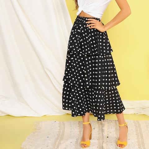 Falda Fruncido A Capas Con Estampado De Lunares