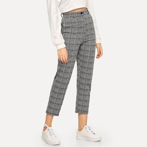 Plaid Button Decoration Trousers