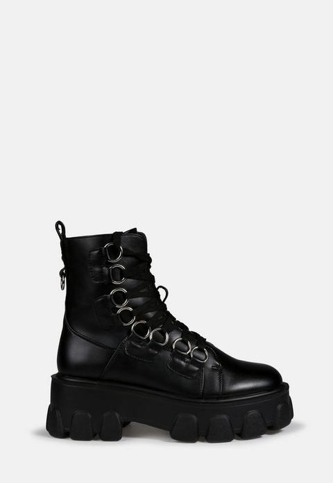 Black Hoop Eyelet Chunky Sole Ankle Boots, Black