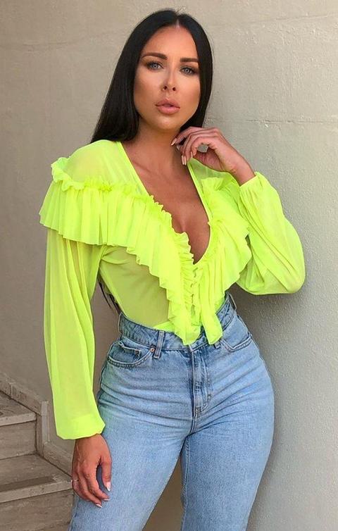 Neon Lime Mesh Frill V Neckline Bodysuit - Jaylah