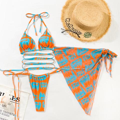 3pack Graphic Crisscross Bikini Swimsuit & Beach Skirt