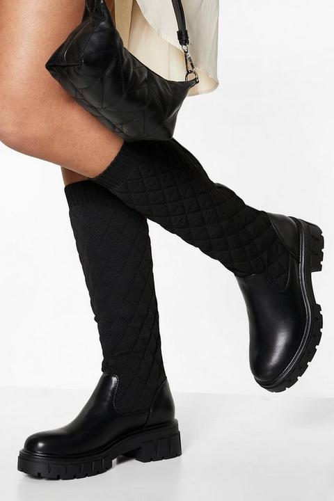 Womens Quilted Knee High Boot - Black - 3, Black